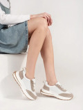 Leather Perforated Sports Shoes with Thick Sole in White-Beige