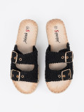 Black Woven Slide Sandals on Platform with Buckles