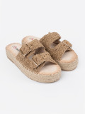 Beige Woven Slide Sandals on Platform with Buckles