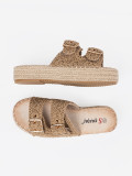 Beige Woven Slide Sandals on Platform with Buckles