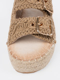 Beige Woven Slide Sandals on Platform with Buckles