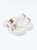 White Slide Sandals with Golden Buckles on Platform