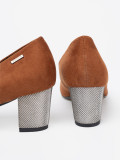 Brown Pumps with Decorative Silver Heel