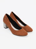 Brown Pumps with Decorative Silver Heel