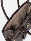 Elegant Dark Brown Handbag with Decorative Gold Buckle