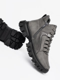 Gray Lace-Up Ankle Boots with Thick Sole