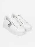 White Sneakers with Metallic Silver Accent