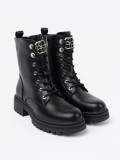 Black Lace-Up Ankle Boots with Metal Decoration