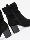 Black Suede Ankle Boots with Block Heel and Gathered Shaft