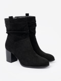 Black Suede Ankle Boots with Block Heel and Gathered Shaft