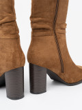 Caramel ankle boots with ruched upper and block heel
