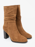 Caramel ankle boots with ruched upper and block heel