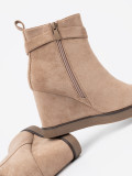 Beige Wedge Ankle Boots with Decorative Buckle