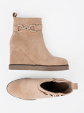Beige Wedge Ankle Boots with Decorative Buckle