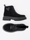 Black Lace-Up Ankle Boots with Shiny Heart