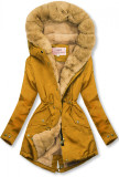 Mustard-beige parka jacket with faux fur lining