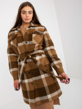 Brown Women's Coat with Checkered Pattern and Button Closure