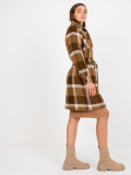 Brown Women's Coat with Checkered Pattern and Button Closure