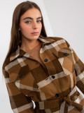 Brown Women's Coat with Checkered Pattern and Button Closure