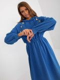 Dark Blue Flared Sweat Dress with Buttons