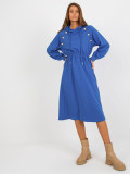 Dark Blue Flared Sweat Dress with Buttons