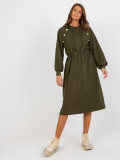 Khaki Midi Flared Sweat Dress with Buttons