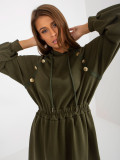 Khaki Midi Flared Sweat Dress with Buttons