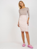 Peach-White Tweed Pencil Skirt with Wool
