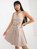 Beige Flared Denim Dress with Buttons