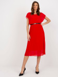 Red Midi Pleated Dress with Belt
