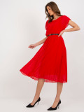Red Midi Pleated Dress with Belt