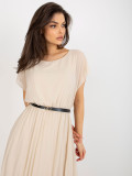 Beige Midi Dress with Flared Cut and Pleats