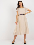 Beige Midi Dress with Flared Cut and Pleats