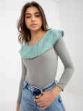 Gray-Green Blouse with Lace Trim
