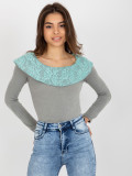 Gray-Green Blouse with Lace Trim