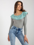 Gray-Green Blouse with Lace Trim