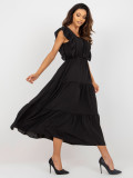 Black Midi Dress with Ruffle and Loose Fit
