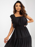 Black Midi Dress with Ruffle and Loose Fit