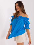 Blue Cotton Blouse with Off-Shoulder Design