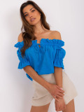 Blue Cotton Blouse with Off-Shoulder Design