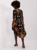 Black Midi Dress with Floral Print and 3/4 Sleeves