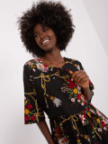 Black Midi Dress with Floral Print and 3/4 Sleeves