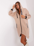 Beige Long Zip-Up Hoodie with Pockets