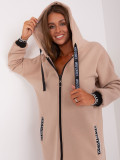 Beige Long Zip-Up Hoodie with Pockets