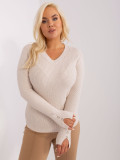 Light Beige Plus Size Women's Sweater with V-Neck