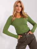 Light Green Striped Sweater with V-Neck