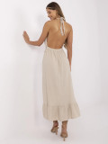 Beige Flared Dress with V Neckline
