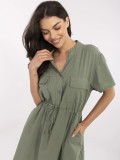 Khaki Flared Dress with Short Sleeves
