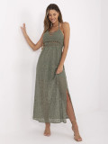 Maxi Dress with Lace Neckline in Khaki