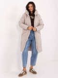 Beige Long Quilted Coat with Hood